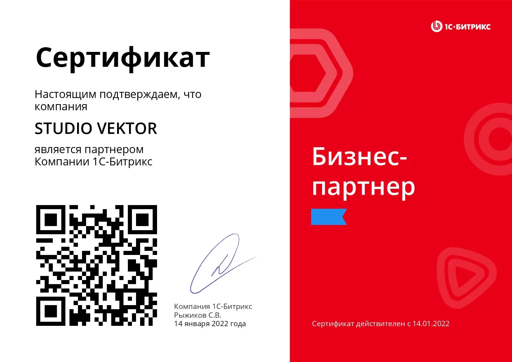 Сертификат - StudioVektor - Бизнес-партнер